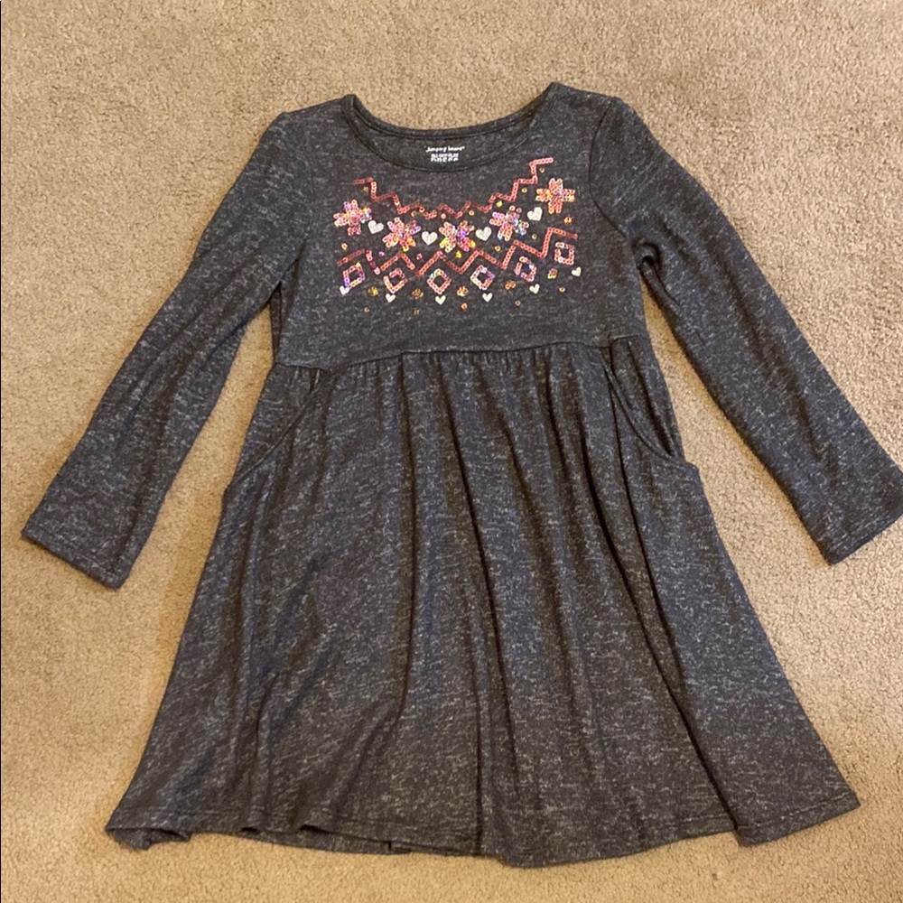 Gray Kids Dress with Embroidered Design